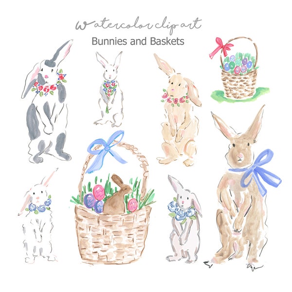 Watercolor Bunnies and Easter Baskets Clip Art Collection, Watercolor Easter Clip Art, Easter Basket, Watercolor Rabbits, Chocolate Bunny