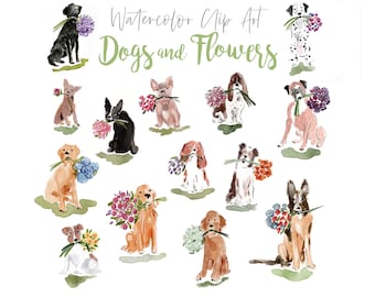 Dogs and Flowers Watercolor Clip Art Collection, Watercolor Pet Portrait, Watercolor Pet Sticker, Watercolor Pets, Watercolor Flowers, Pets
