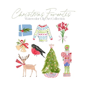 Clip Art de Coisas Favoritas de Natal em Aquarela, Clip Art de Natal, Quebra-Nozes, Bengala Doce, Homem-Biscoito de Gengibre, Poinsetta em Aquarela, Rena
