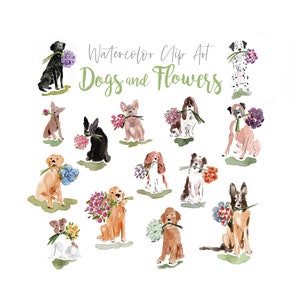 Coleção de clipart em aquarela de cães e flores, retrato de animal de estimação em aquarela, adesivo de animal de estimação em aquarela, animais de estimação em aquarela, flores em aquarela, animais de estimação