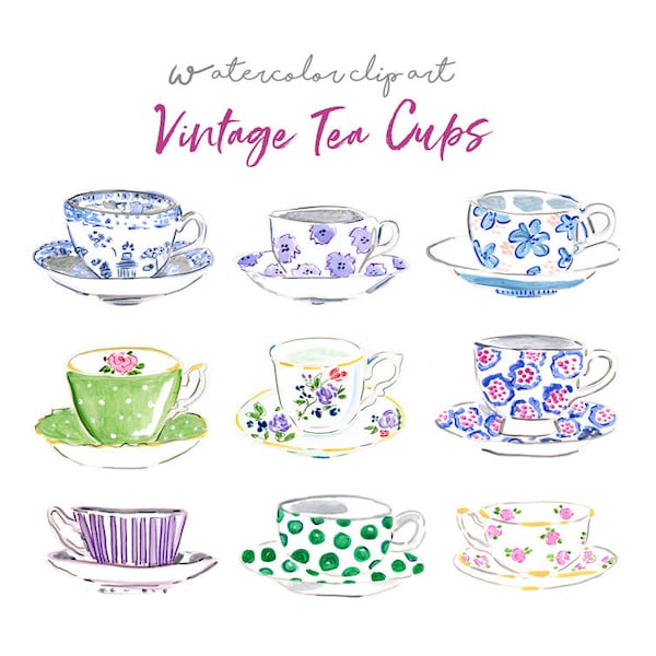 Vintage Teacups Clip Art Collection, Watercolor Tea Cups Clip Art, Teatime Printable, Vintage Clip Art, Watercolor China, Tea Set, Tea Pot