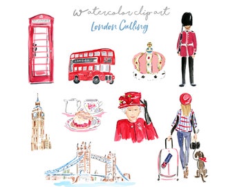 London Clip Art Collection, Watercolor Clip Art, Travel Clip Art, London Bridge, British Clip Art, Big Ben, Tea Time, London Phone Booth