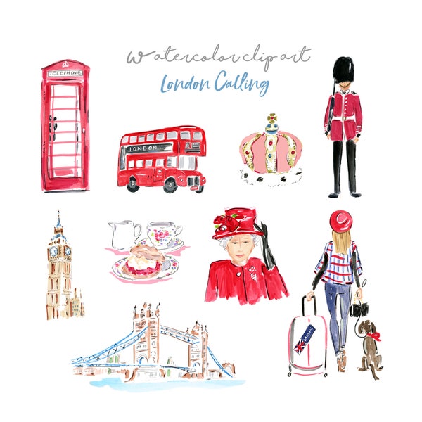 Collection de clip art Londres, clipart aquarelle, clipart de voyage, pont de Londres, clipart britannique, Big Ben, l'heure du thé, cabine téléphonique Londres