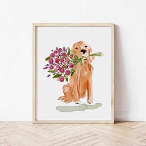 Golden Retriever Pink Roses, Golden Retriever Puppy, Golden Retriever Nursery Art, Watercolor Dog Portrait, Watercolor Dog Nursery Art Girl