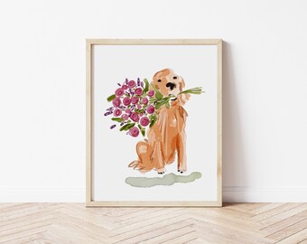 Golden Retriever Pink Roses, Golden Retriever Puppy, Golden Retriever Nursery Art, Watercolor Dog Portrait, Watercolor Dog Nursery Art Girl