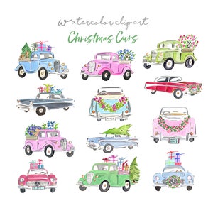 Watercolor Cars Clip Art, Pastel Christmas Clip Art, Watercolor Vintage Cars Clip Art, Christmas Card DIY, Vintage Christmas Card Digital