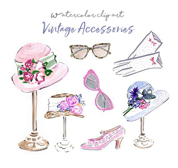 Vintage Accessories Digital Fashion Clip Art, Watercolor Clipart, Fashion Illustration,Vintage Clip Art, Fashion Clip Art, Vintage Printable