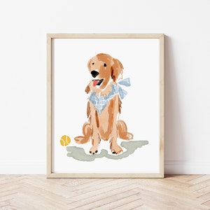 Golden Retriever with Tennis Ball, Bandana for Dogs, Golden Retriever Art, Nursery Decor Boy, Watercolor Dog Portrait, Tennis Ball Decor