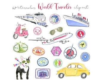 Travel Clip Art Collection, Watercolor Travel Clip Art, Watercolor Plane Clip Art, Train Clip Art, Vespa Clip Art - Travel Luggage Stickers