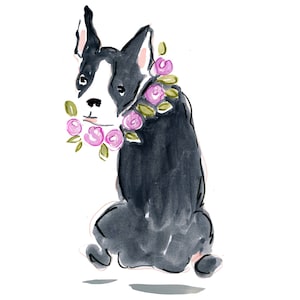 Frenchie Aufkleber, Französische Bulldogge PNG, Frenchie Mama, Frenchie mit Blumengirlande, Aquarell Bulldogge Porträt, Frenchie Grußkarte