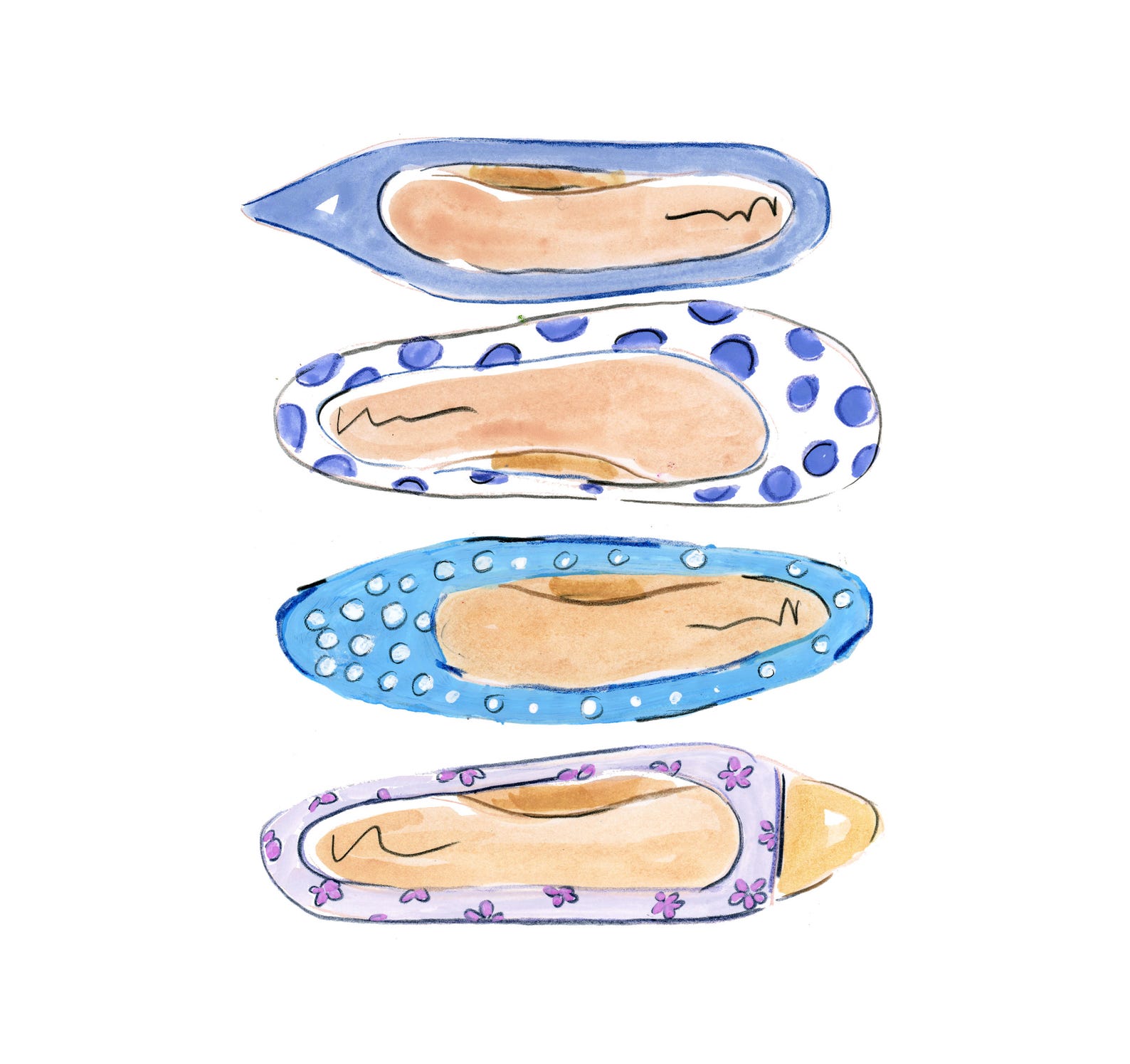 art print - fashion illustration print - ballet flats - fashion art- preppy flats -watercolor shoes - glamour card- preppy art -