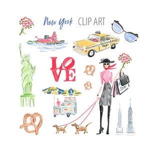 Collection de cliparts de la ville de New York, aquarelle, clipart de la ville, clipart de taxi de New York, signe d'amour, clipart Manhattan, Statue de la liberté