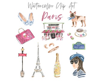 Watercolor Paris Clip Art Collection, France Clip Art, Paris Metro Sign, Paris Art Printable, Watercolor Eiffel Tower, Watercolor Paris