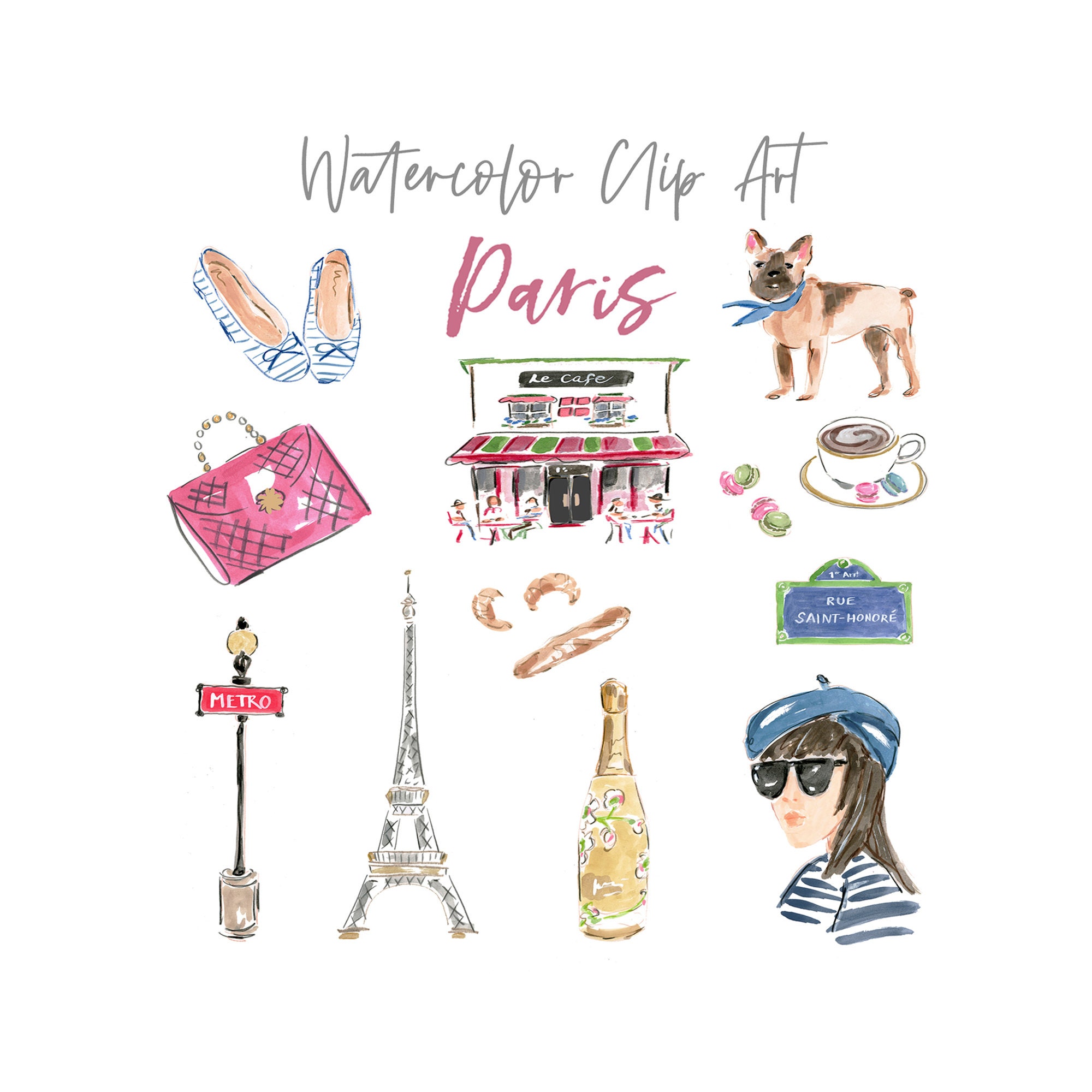 Watercolor Paris Clip Art Collection, France Clip Art, Paris Metro Sign, Paris Art Printable, Watercolor Eiffel Tower, Watercolor Paris