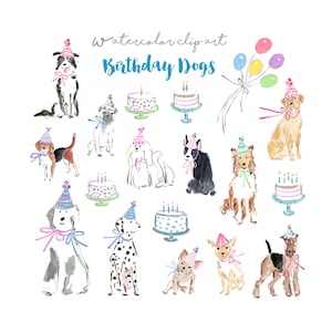 Birthday Dogs Clip Art Collection, Watercolor Birthday Dogs, Watercolor Birthday Party Clip Art, Puppy Clip Art, Puppy Birthday Clip Art