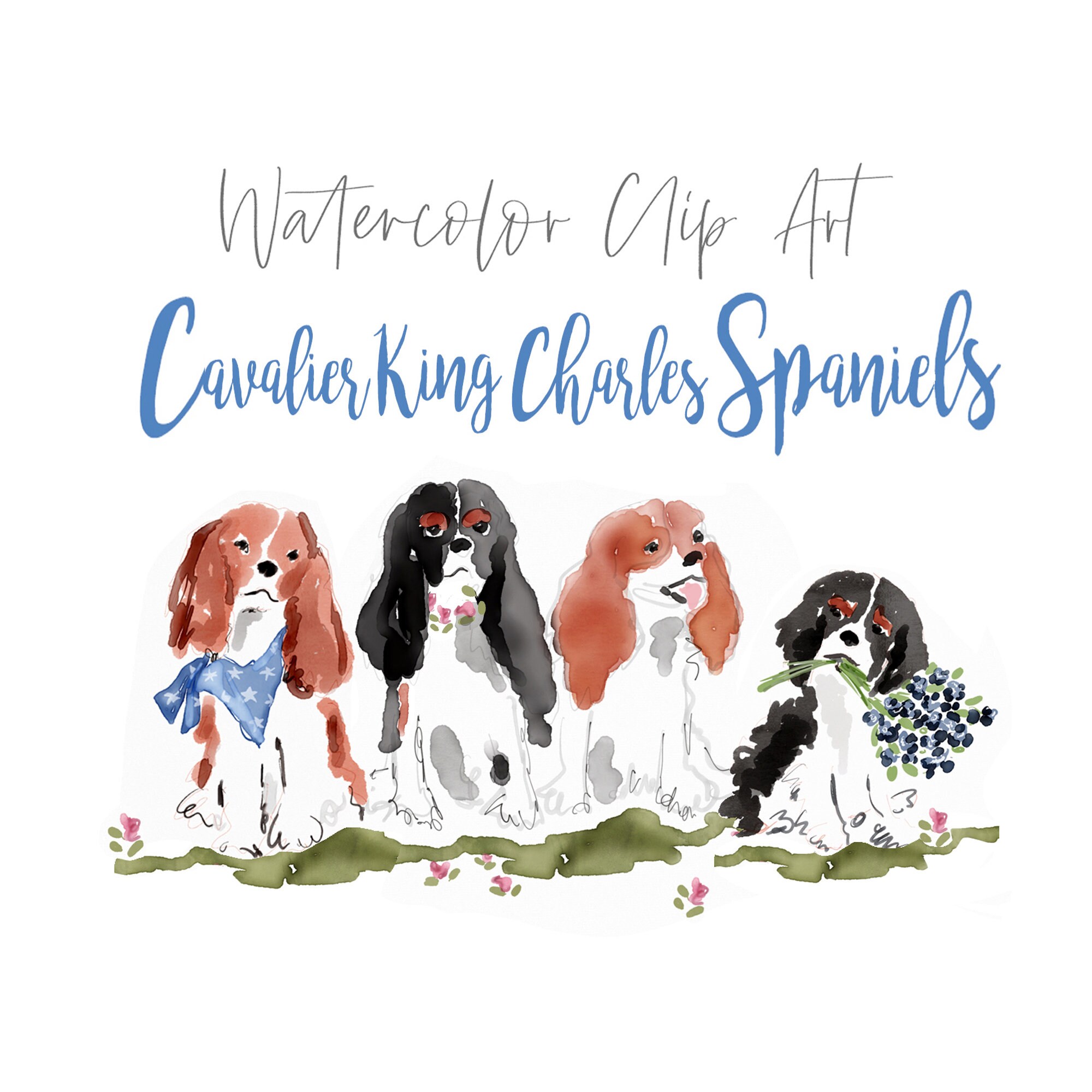 Cavalier King Charles Spaniels, Watercolor Dogs Clip Art, Watercolor Pet Portrait, Spaniel Printable, Cavalier Wall Art,King Charles Spaniel