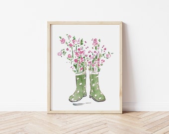 Wellies Sketch, Wellies Art Print, Mudroom, Gender Neutral Nursery, Baby Boy Wall Art, Boho Kids Room Decor,Watercolor Flowers Baby Room Art