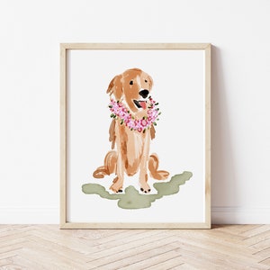 Golden Retriever Dog Mom Gift, Golden Retriever Puppy Art, Golden Retriever Floral Garland, Dog Portrait, Watercolor Dog Nursery Art Girl