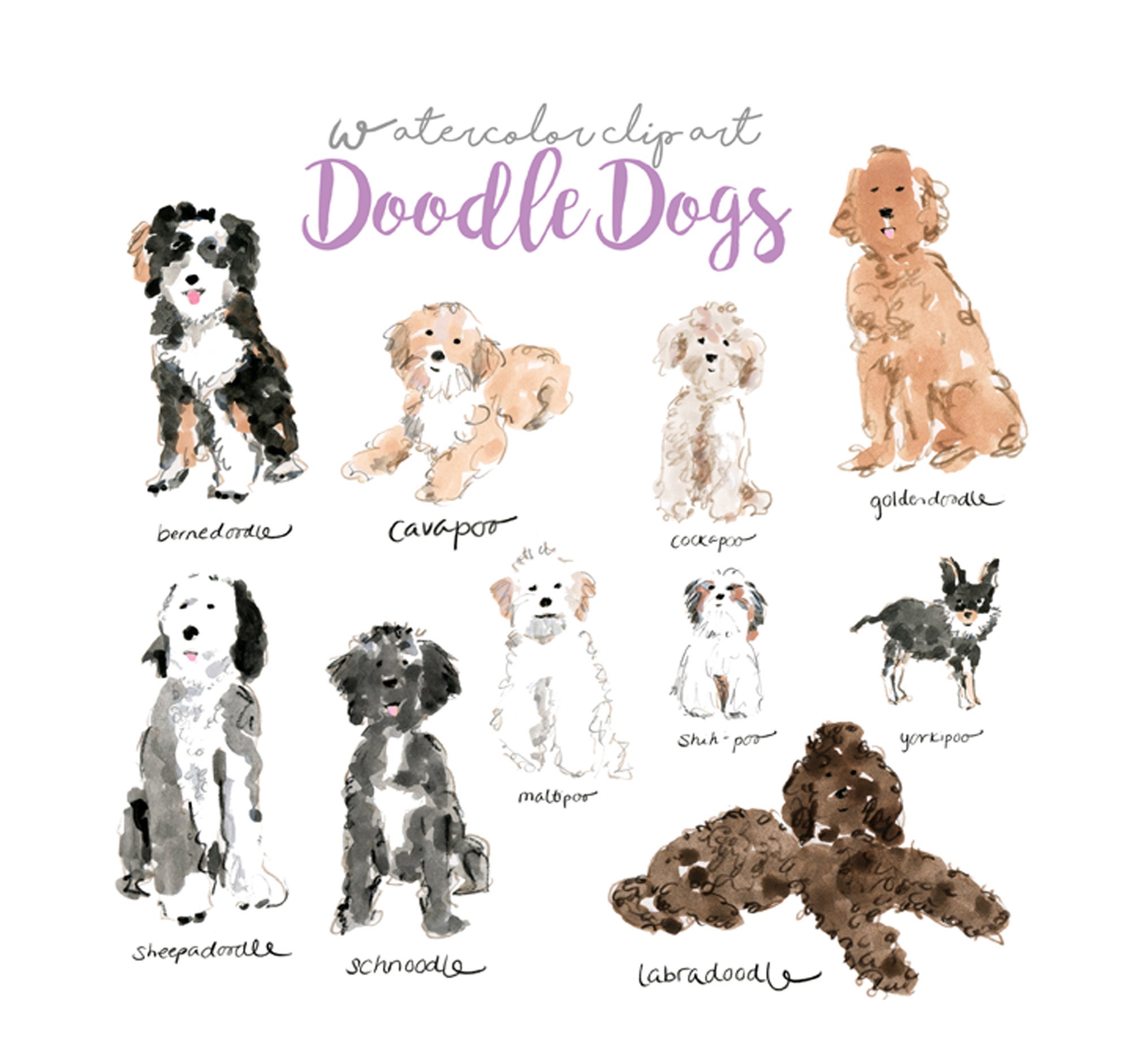 Doodle Dogs Clip Art Collection Watercolor Dogs Watercolor Etsy UK
