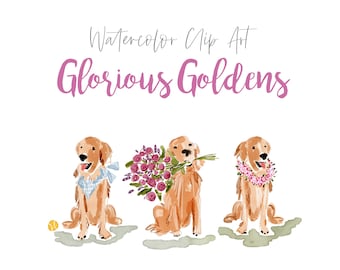Golden Retriever Dogs Clip Art Collection, Golden Retriever Watercolor Dogs, Golden Retrievers Printable, Watercolor Pet Portrait, Doggie