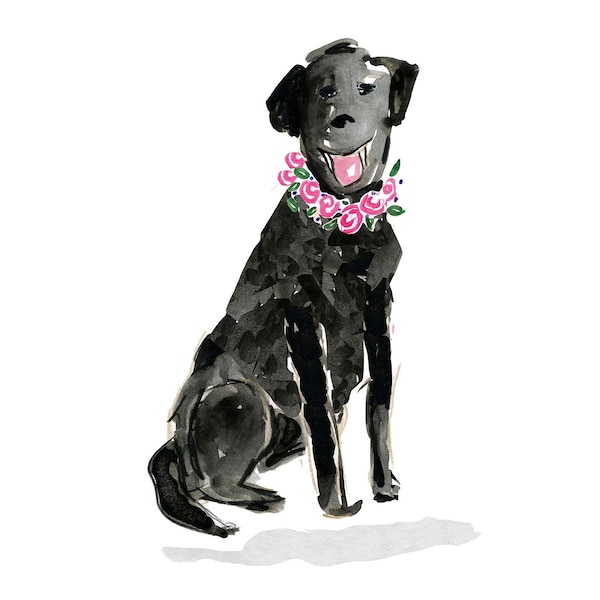 Black Lab Clipart, Black Lab PNG, Black Lab Mom, Black Lab with Floral Garland, Watercolor Black Lab Portrait, Black Lab Sticker, Labrador