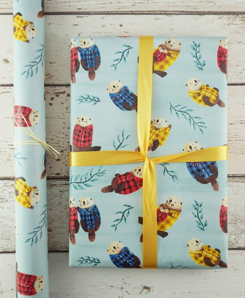 Sea Otters Wearing Plaid Gift Wrap / Wrapping Paper - 3 Sheets image 7