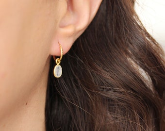 Small silver hoops with moonstones sleeper hoops sterling silver earrings white stone earrings minimal earrings, amejewels
