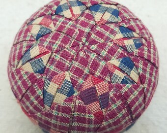 Quilted Pincushion, Red White Blue Americana Pin Keep, Handmade Folded Fabric Ball Ornament , Sewing Mom Gift, Origami Patriotic Ornie