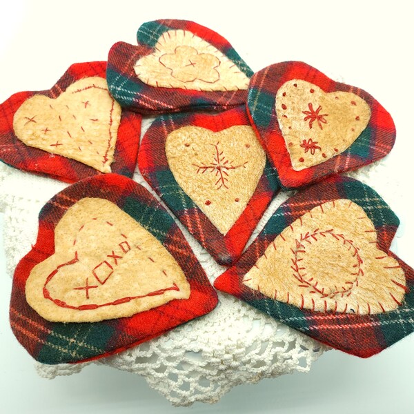 Farmhouse Wool Heart Shapes, Hand Stitched Valentine Bowl Fillers, Rustic Wedding Ornaments, Primitive Christmas Ornies