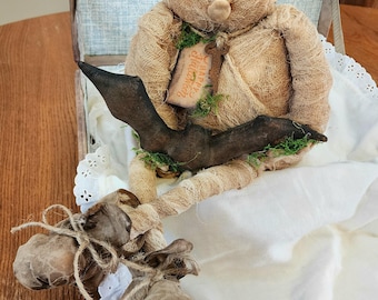Folk Art Mummy With Bat: Whimsical Halloween Doll- Primitive Spooky Decor