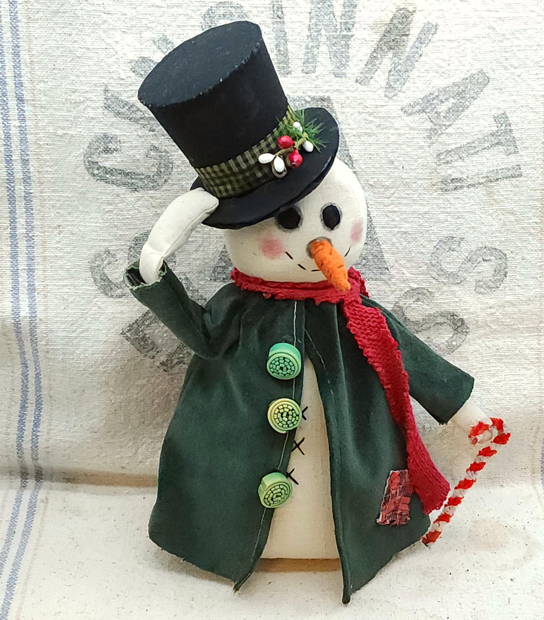 Rustic Handmade Tophat Snowman, Primitive Snowmen With Candy Canes, Whimscal Winter Soft Sculpture, Rustic Farmhouse Vintage Style Snowman