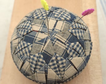 Quilted Star Pincushion, Blue Homespun Pin Keep, Folded Fabric Pin Cushion, Summer Rag Ball Ornament, Country Bowl Filler Ball, Quilter Gift