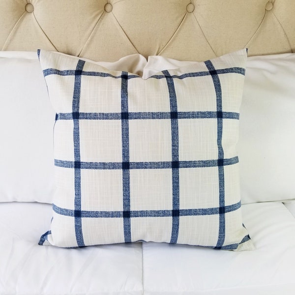 One Blue Pillow Cover, Dark Blue Pillow Sham, Throw Pillow, Blue White Pillow, Navy Pillow Cover, Blue Checked Pillow, Plaid Pillow