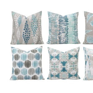 One Blue and Grey Pillow Cover, Blue Decorative Pillow, Aqua Pillow, Blue Throw Pillow, Blue Couch Pillow, Zippered Pillows Coastal Decor