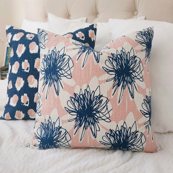 One Pink and Blue Pillow Cover, Blush Pink Pillow Sham, Floral Pillow, Pink Throw Pillow, Pink Pillowcase, Pink Home Decor, Abstract Floral