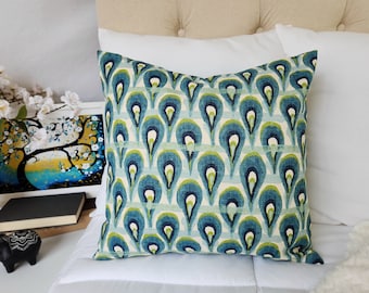 One Pillow Cover - Green and Blue Ikat Cover - Blue Pillow - Blue Ikat Pillow - Green Pillow - Blue Pillow Sham - Blue Decorative Pillow