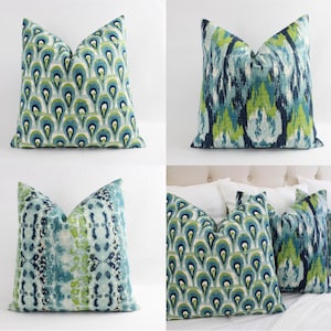 Blue Ikat Lumbar Pillow Cover, One Blue and Green Ikat Pillow Cover, 12 x 16 Inch Decorative Pillow, Blue Ikat Pillow, Green Ikat Pillow