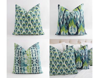 Blue Ikat Lumbar Pillow Cover, One Blue and Green Ikat Pillow Cover, 12 x 16 Inch Decorative Pillow, Blue Ikat Pillow, Green Ikat Pillow