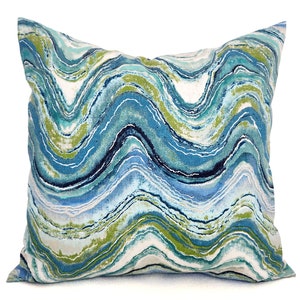 One Decorative Throw Pillow Cover, Green Aqua Wave Print, Blue Mineral Pillows, Blue Pillows, Modern Pillows, Designer Decor