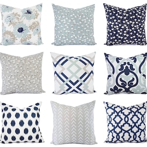 Navy Blue Pillow Cover, Blue and White Throw Pillow, Decorative Pillow, Blue Euro Sham, Grey Pillow, Blue Pillow Sham, 18 x 18 16 x 16