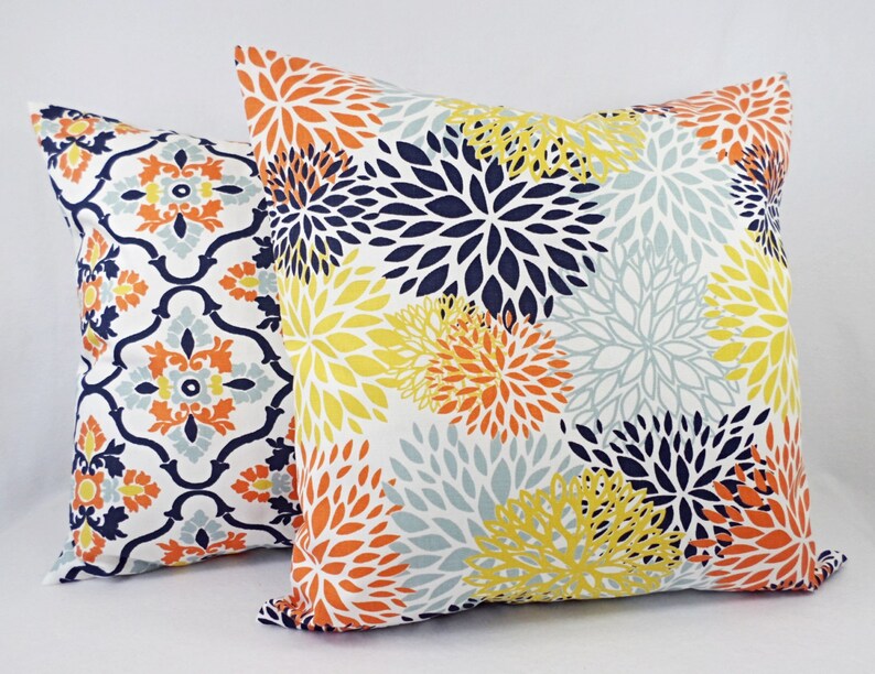 Orange Blue Pillow Cover Orange Pillow Cover Floral Etsy