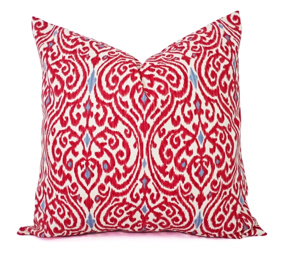 Two Decorative Throw Pillow Covers Red and Beige Ikat