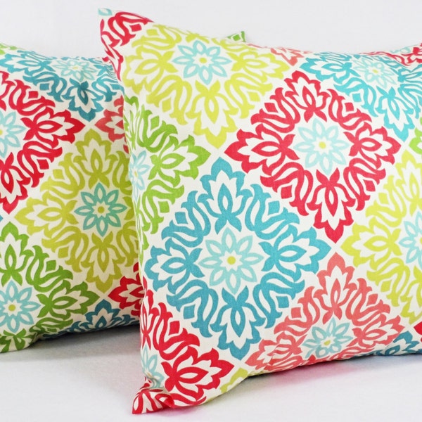Two Decorative Pillow Covers - Pillow Covers in Coral and Teal - Coral Throw Pillows - Teal Coral Pillow Cover - Coral Pillow Sham