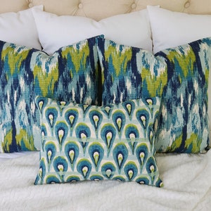 One Blue Ikat Pillow Cover, Blue and Green Ikat Pillow Cover, Blue Pillows, Decorative Pillow, Blue Euro Sham, Green Ikat Pillow image 6