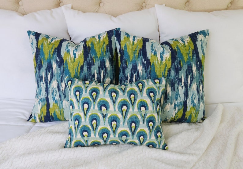 One Blue Ikat Pillow Cover, Blue and Green Ikat Pillow Cover, Blue Pillows, Decorative Pillow, Blue Euro Sham, Green Ikat Pillow image 6