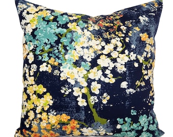 One Decorative Pillow Cover, Blue Aqua Orange Floral Print, Blue Floral Pillows, Blue Pillows, Modern Pillows, Living Room Decor