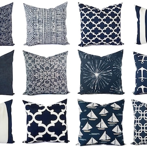 OUTDOOR Pillow Cover, Navy and White Pillow Cover, Navy Blue Throw Pillow Cover, Navy Euro Sham, Blue Decorative Pillow, Blue Patio Pillow