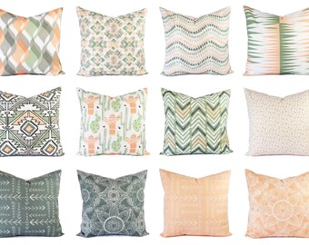 peach and gray throw pillows