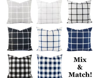 One Plaid Pillow Cover, Mix and Match Pillow, Farmhouse Pillow, Blue Windowpane Pillow, Grey Plaid Pillow, Black Buffalo Check Pillow Sham