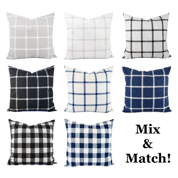 One Plaid Pillow Cover, Mix and Match Pillow, Farmhouse Pillow, Blue Windowpane Pillow, Grey Plaid Pillow, Black Buffalo Check Pillow Sham